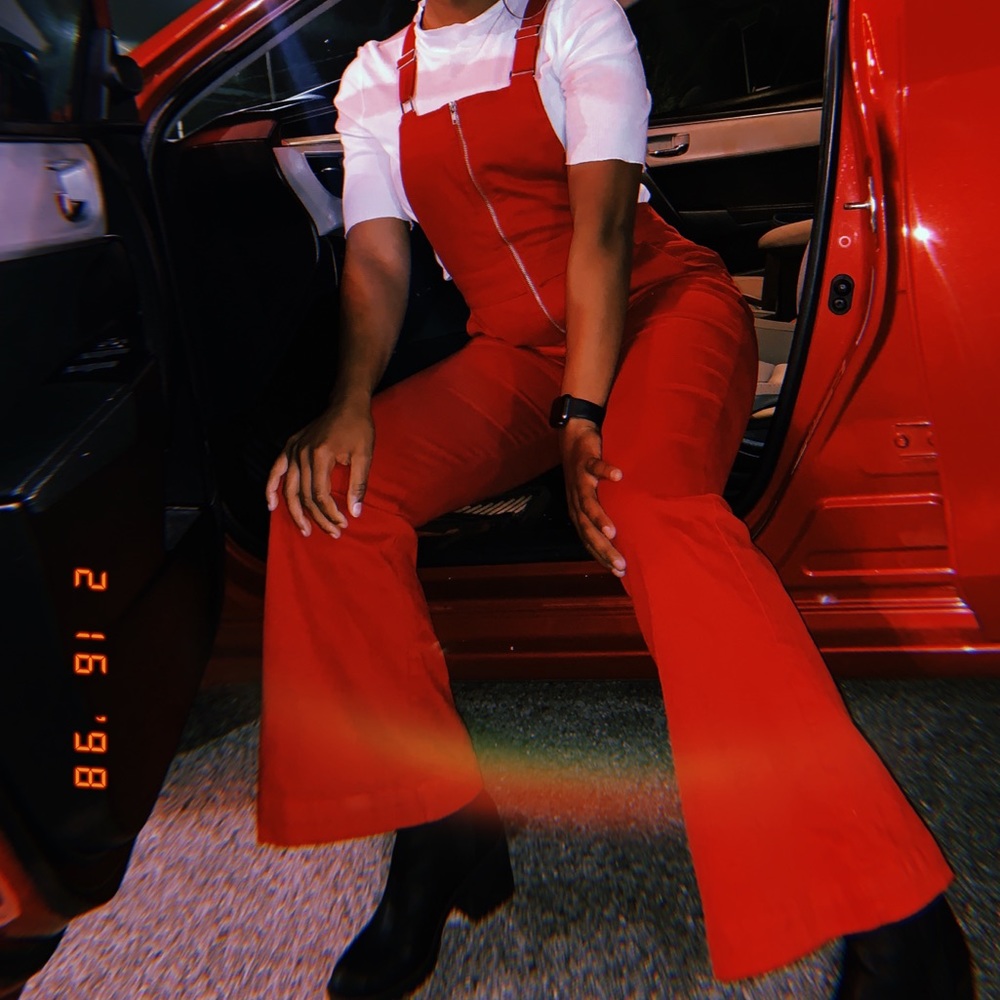 red wide leg overalls